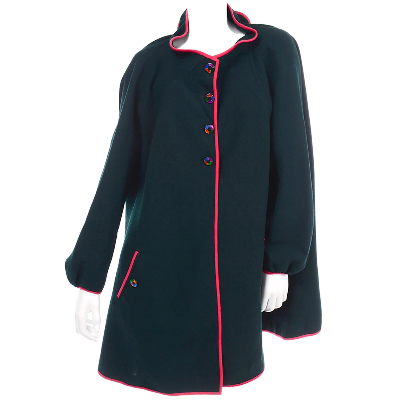 Vintage Geoffrey Beene Green Wool Coat With Pink Red Trim