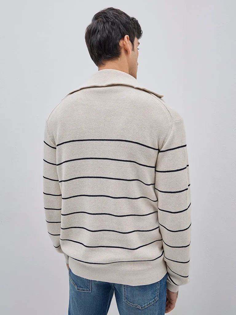 WES Casuals Beige Striped Relaxed-Fit Cotton Sweater