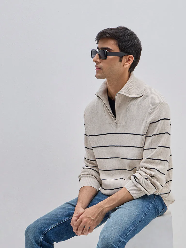 WES Casuals Beige Striped Relaxed-Fit Cotton Sweater