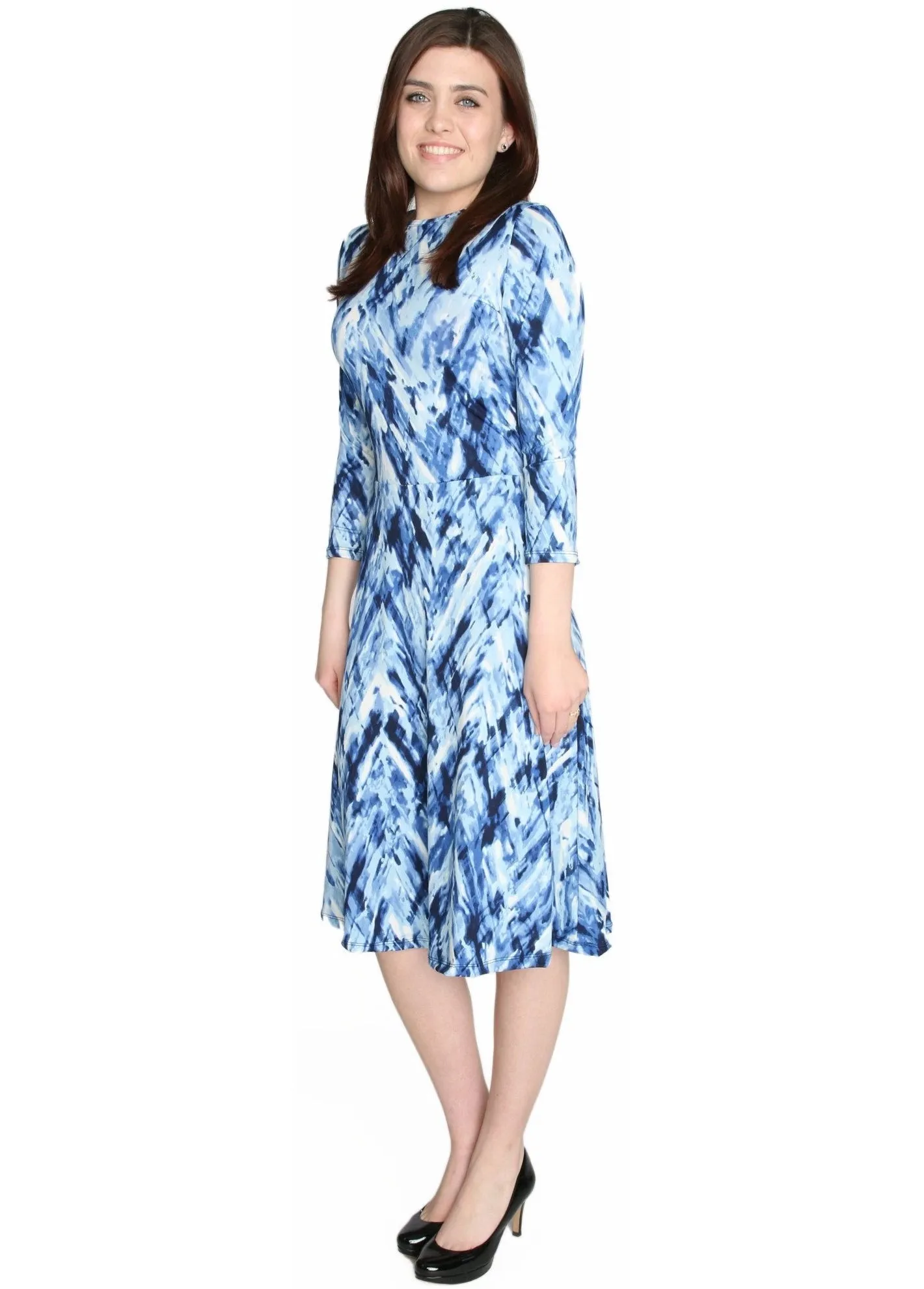 Women's Abstract Paintstroke Printed Fit and Flare Midi Length Dress