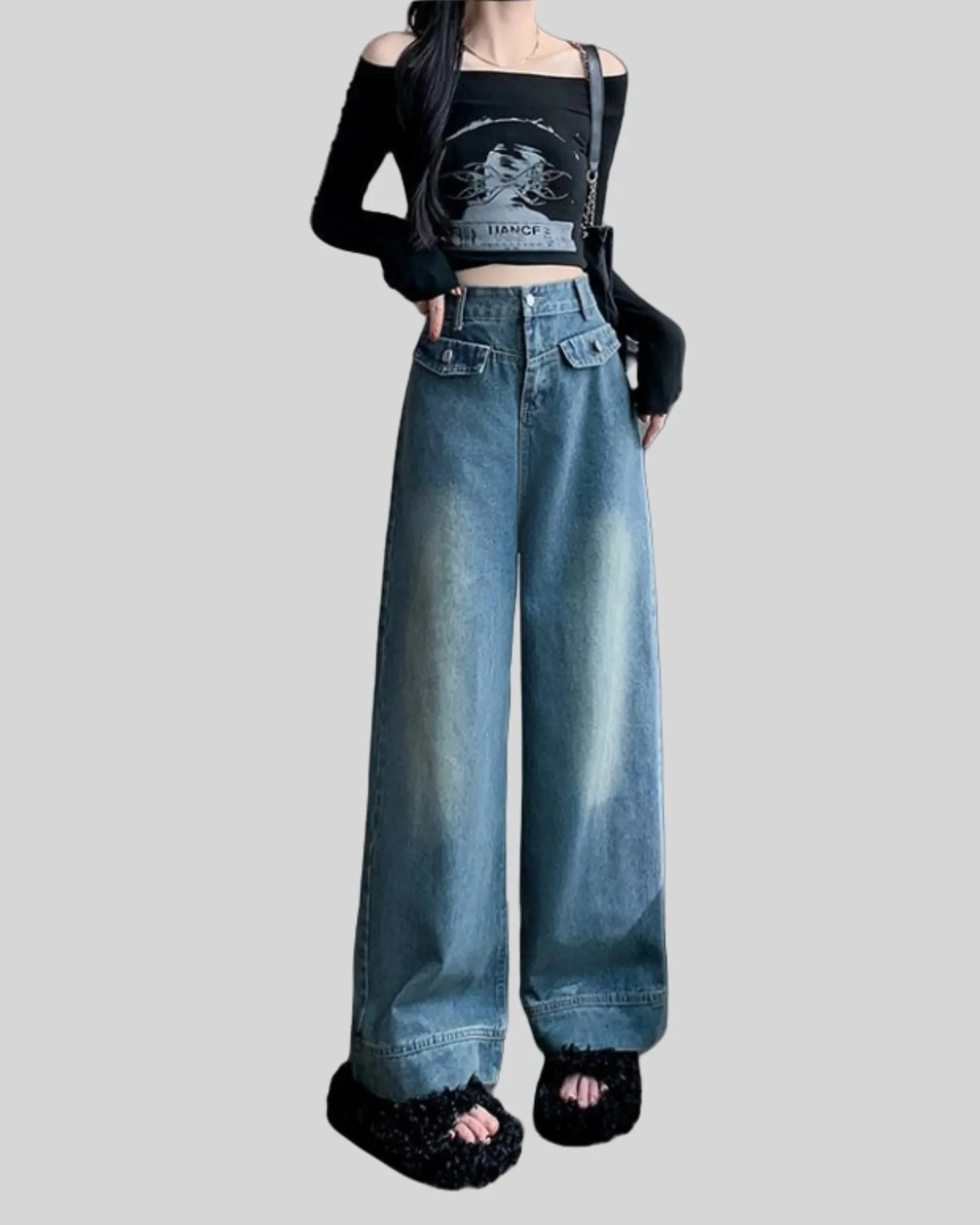 Women's wide leg high waisted elastic straight leg denim pants-Dolores Pants